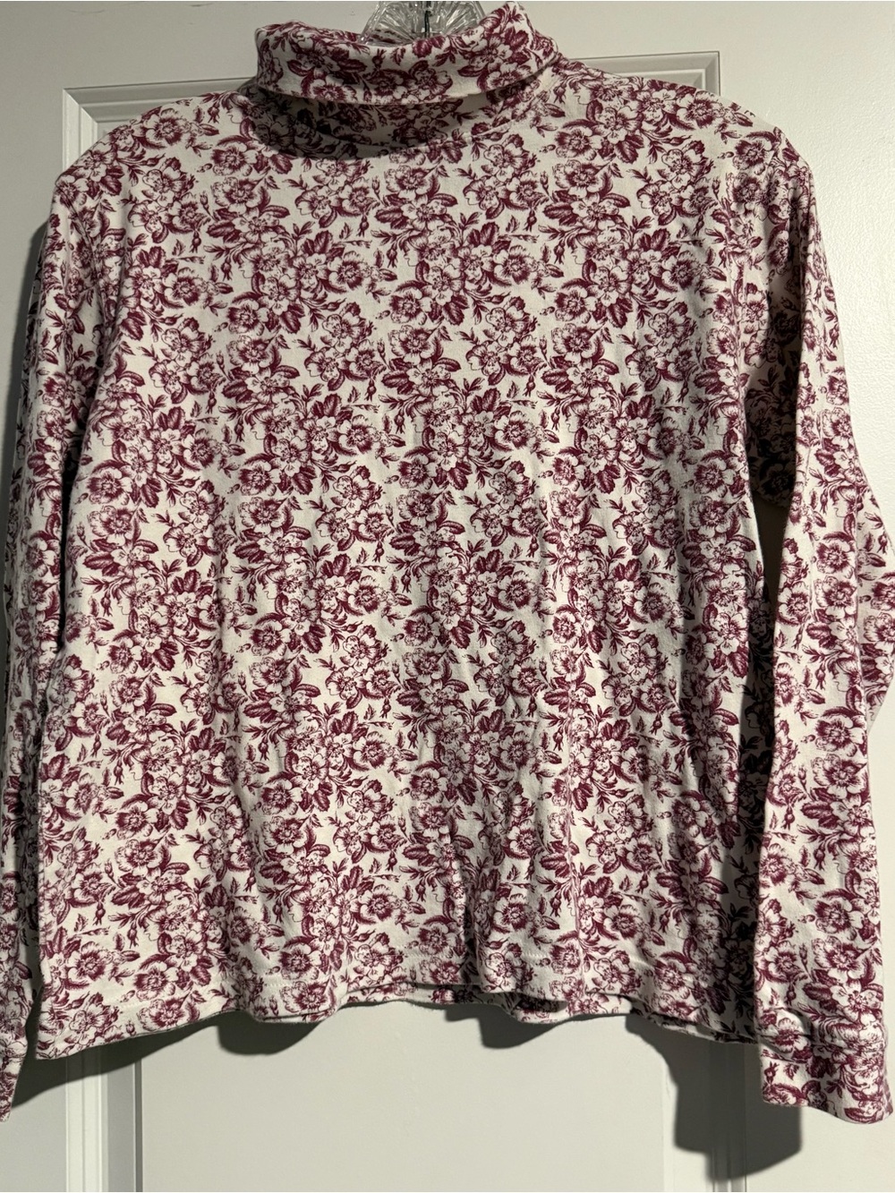 St. John's Bay White Long-Sleeve Turtleneck with Burgundy Floral Print
